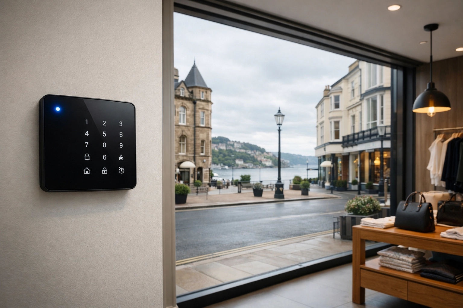 A modern commercial intruder alarm panel installed in a Torquay boutique for professional business protection.
