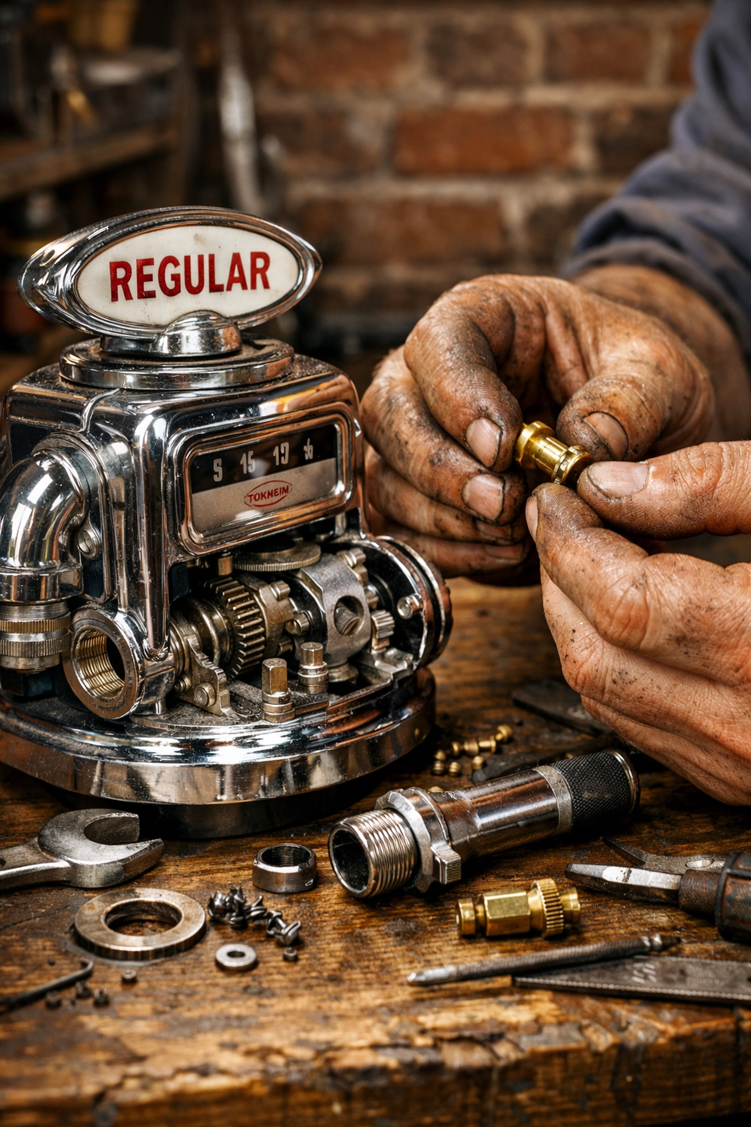 Mechanic repairing a vintage chrome fuel pump to prevent ethanol damage in a Connecticut garage.