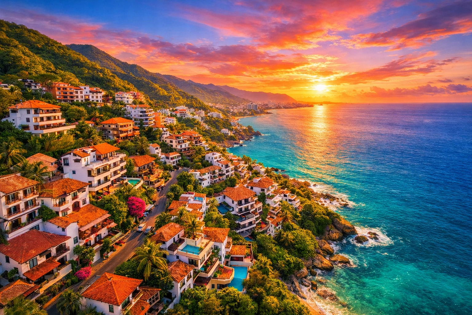Amapas hillside neighborhood overlooking Banderas Bay in Puerto Vallarta at sunset