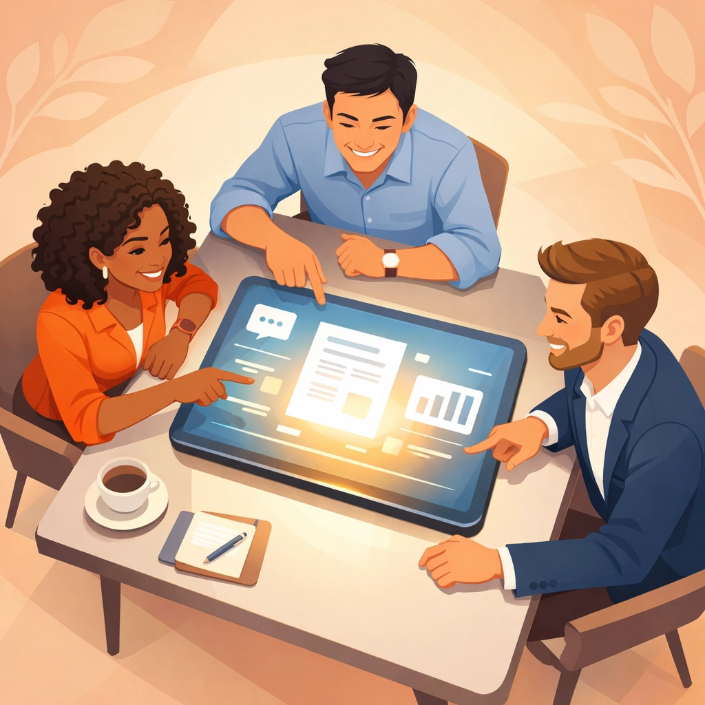 Business team collaborating efficiently around unified digital workspace platform