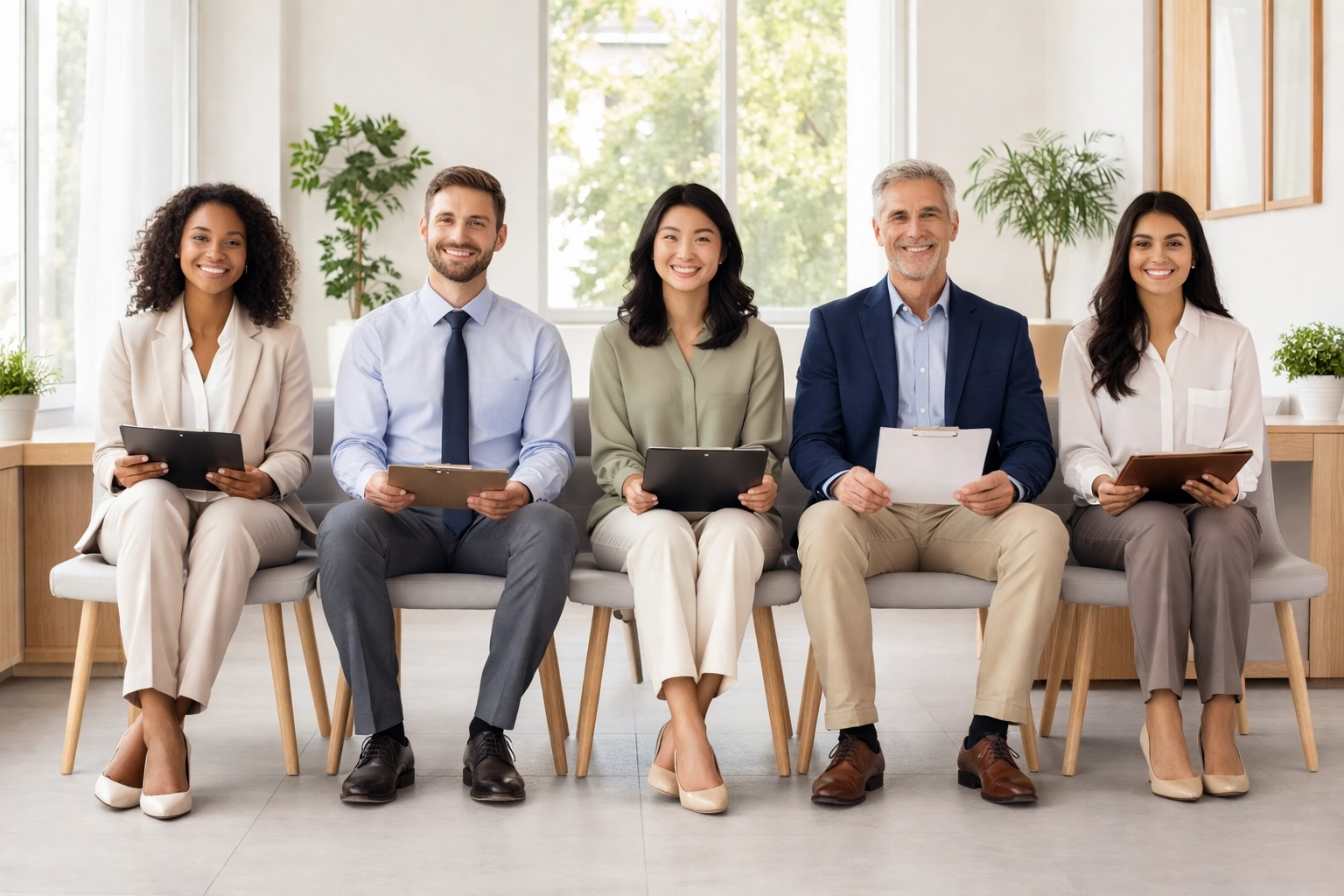 Diverse job candidates waiting for interviews, emphasizing eligible groups for the Work Opportunity Tax Credit