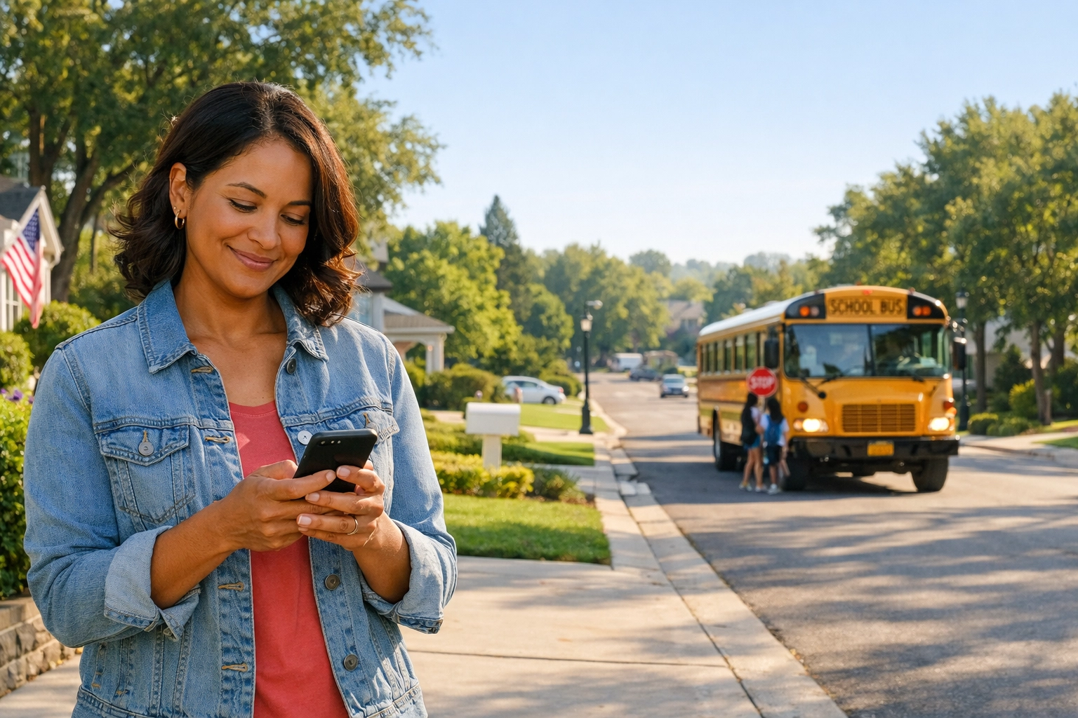 A parent uses a school bus tracking app on her smartphone to view real-time arrival info in a neighborhood.