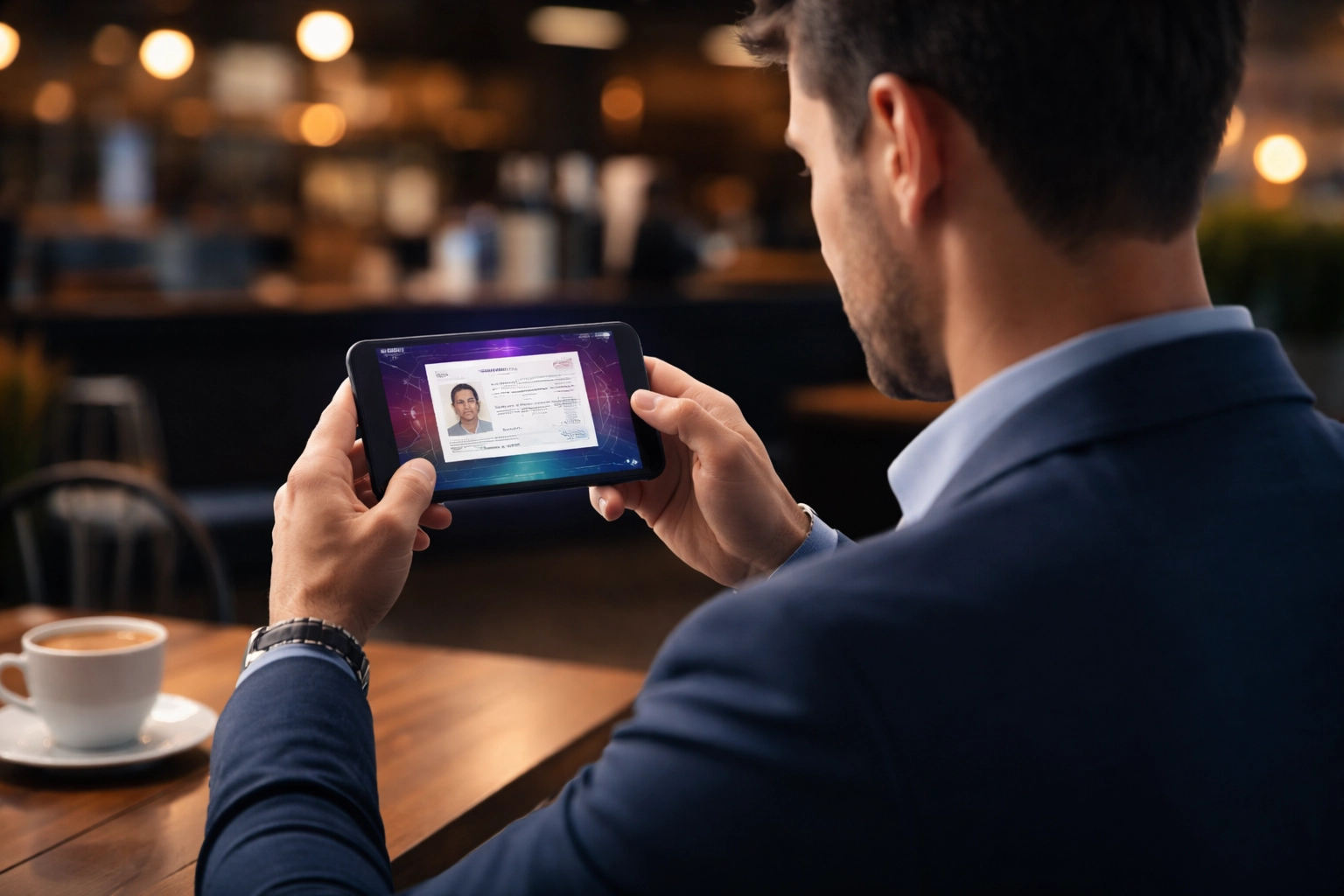Insurance agent using smartphone to scan a driver's license in a coffee shop, demonstrating mobile policy sales for agents