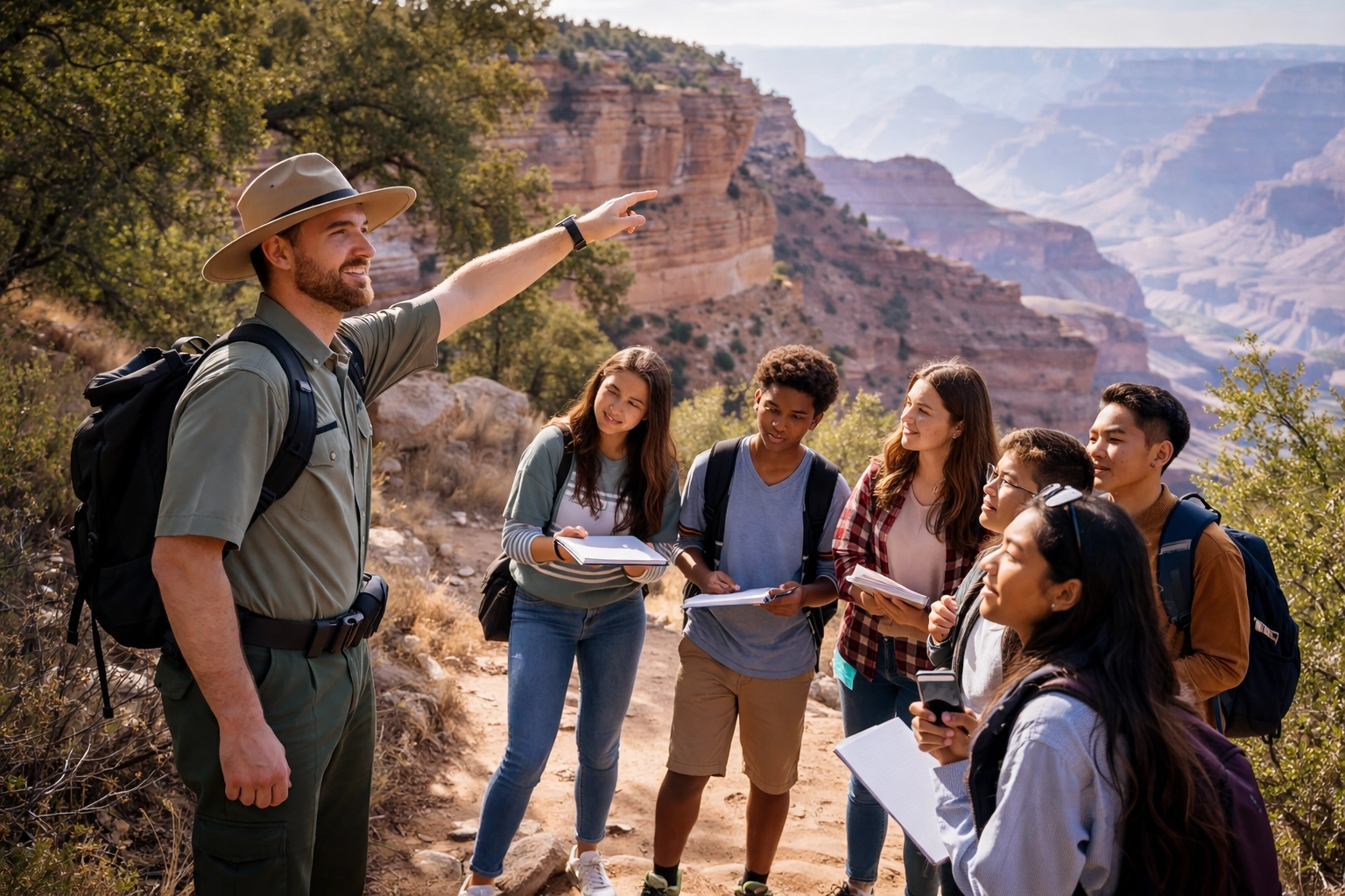 Park ranger leading high school students on an educational Grand Canyon trail, highlighting guided learning.