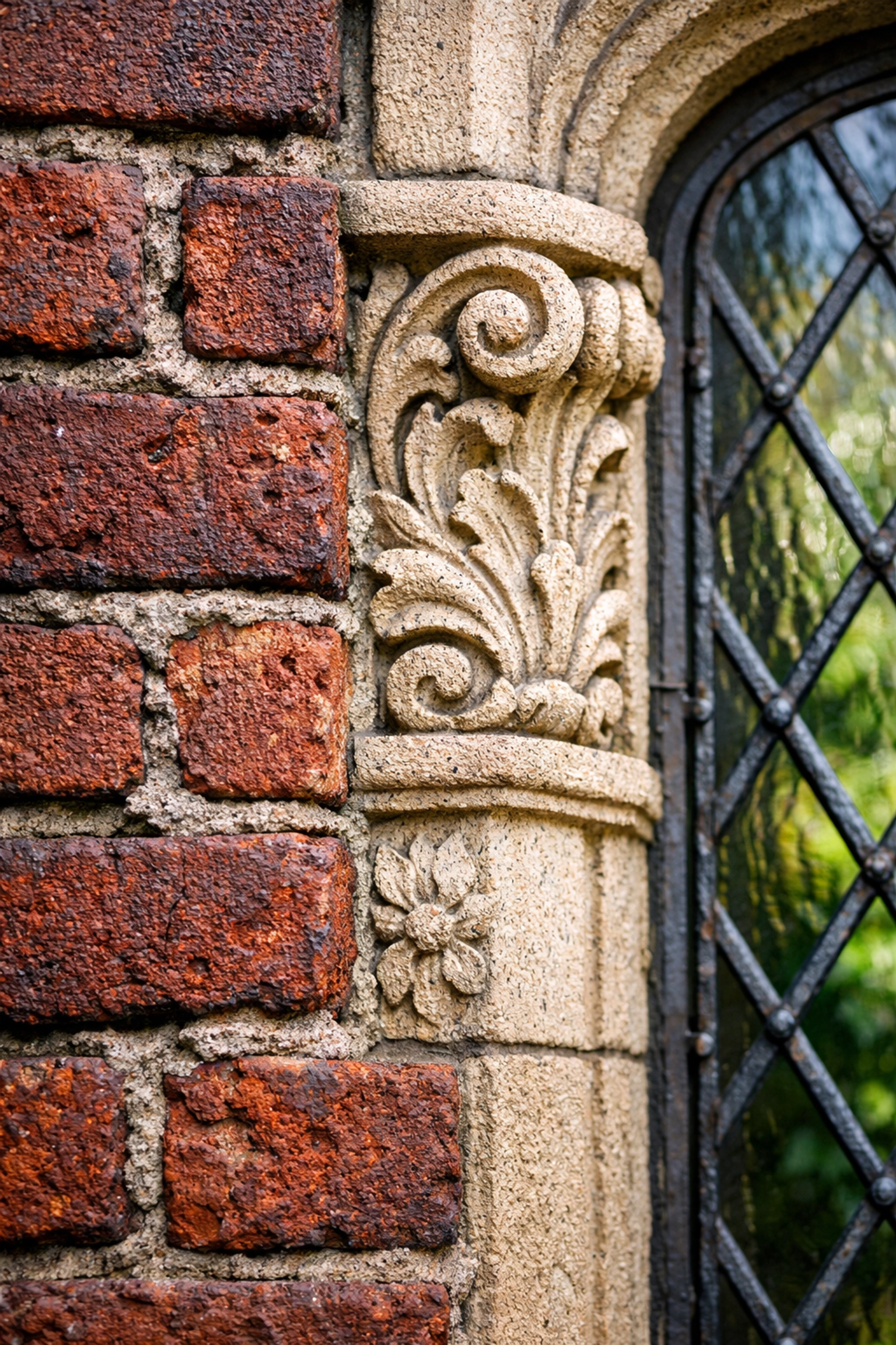 Detailed masonry and brickwork on a Detroit Tudor home, representing high insurance replacement values.