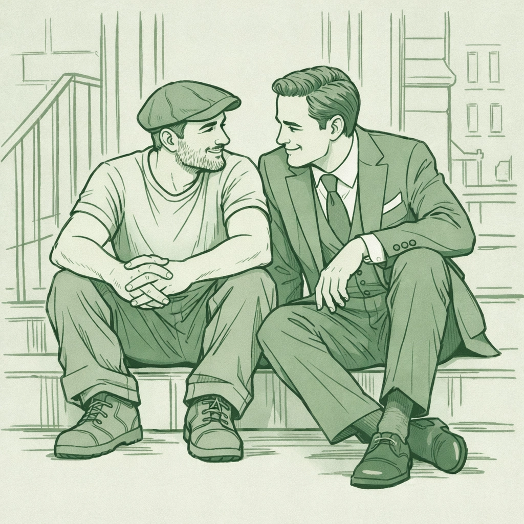 Contemporary gay romance exploring class and bisexuality: two men connect on city steps