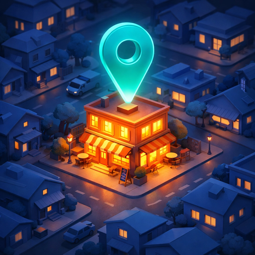A glowing location pin above an illuminated building in a town, highlighting the impact of local SEO services.