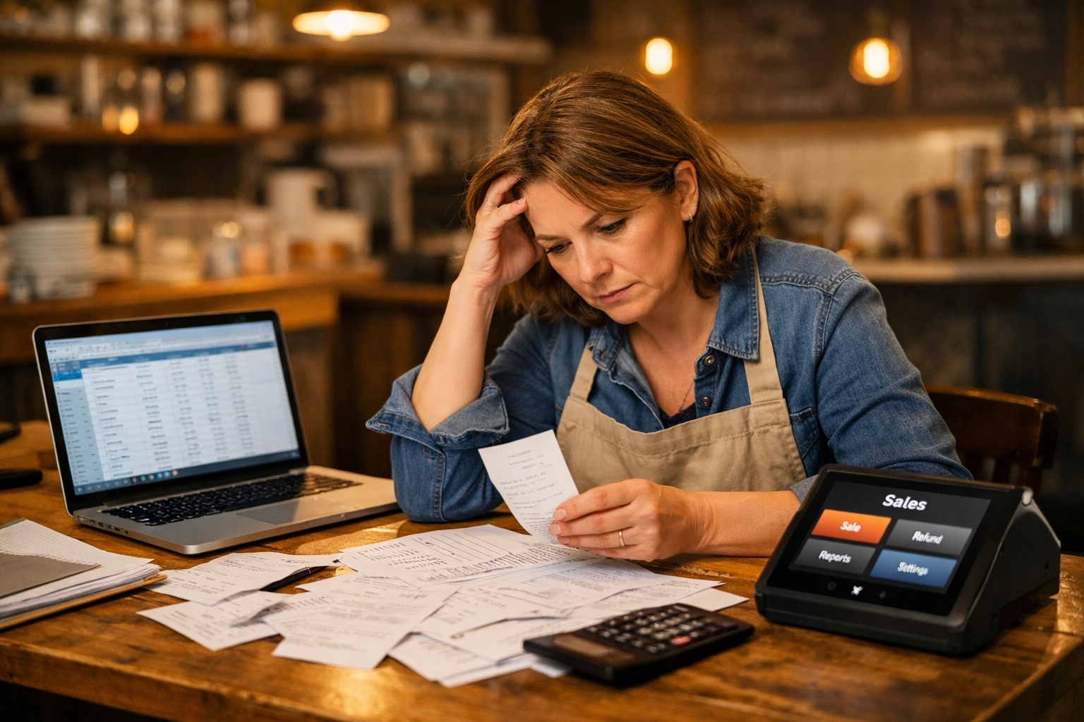 UK business owner reviewing POS system costs and pricing with laptop and receipts