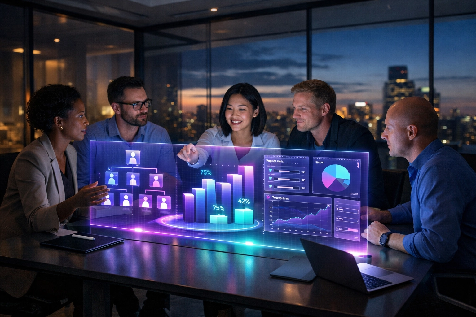 Professionelles Team nutzt KI-Bots zur Verbesserung des Informationsflusses in der internen Kommunikation.