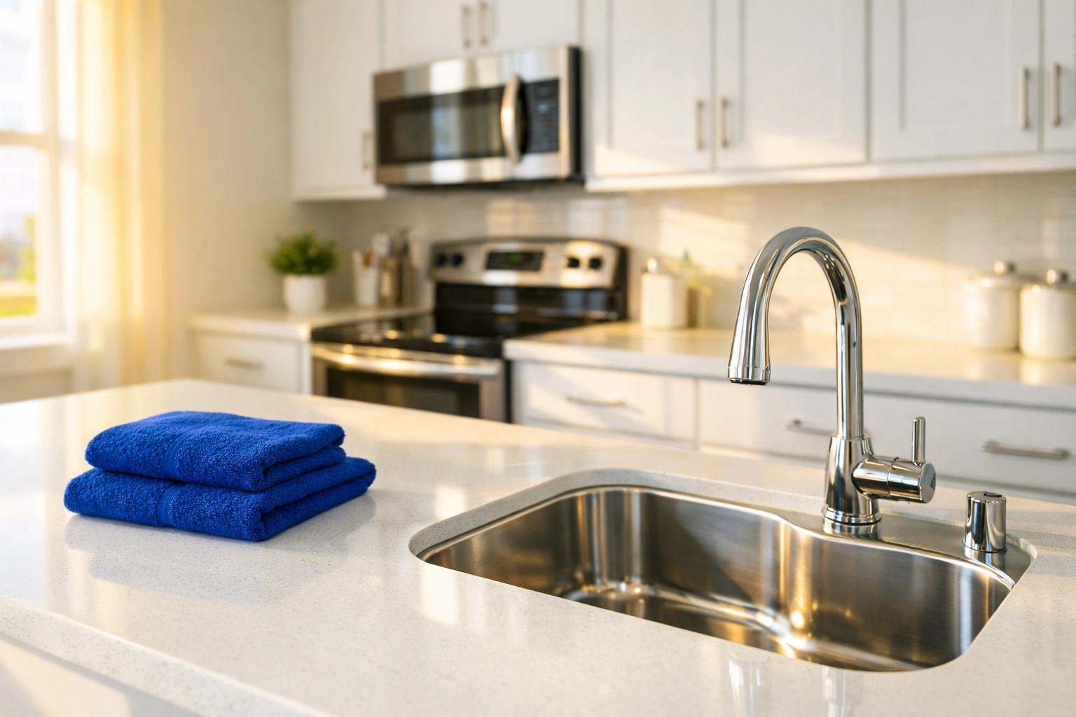 Spotless luxury kitchen countertops in Worcester after professional move-out cleaning Worcester service.