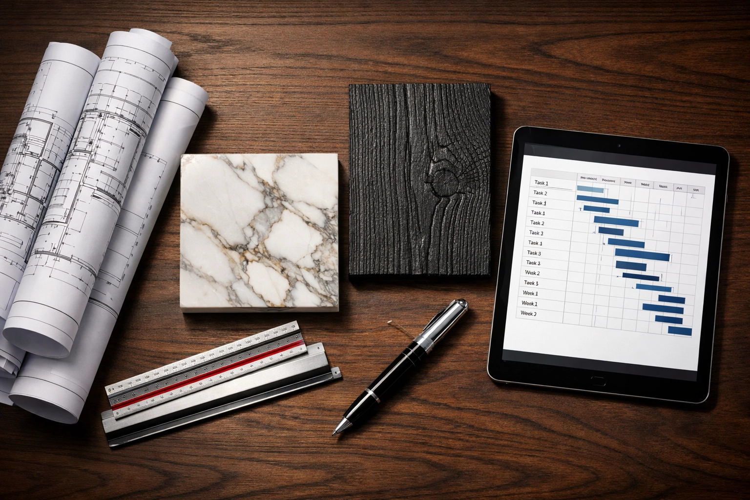 Detailed planning for custom home builders featuring architectural blueprints and luxury material samples.