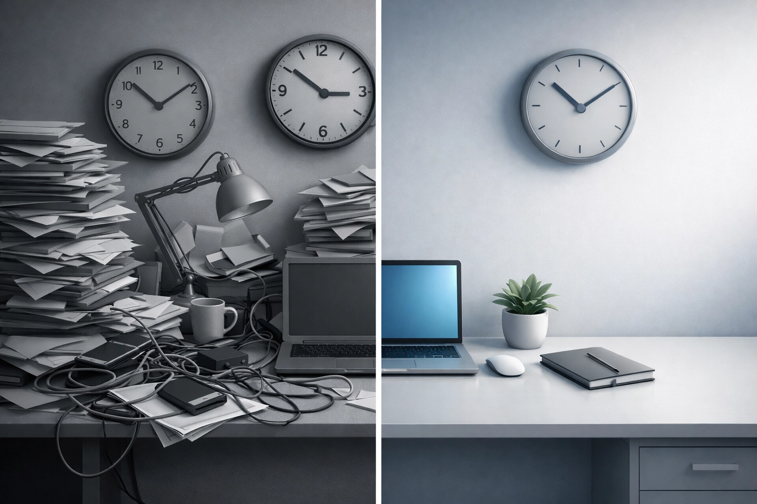 Before and after comparison of advisor workspace showing admin time reduction