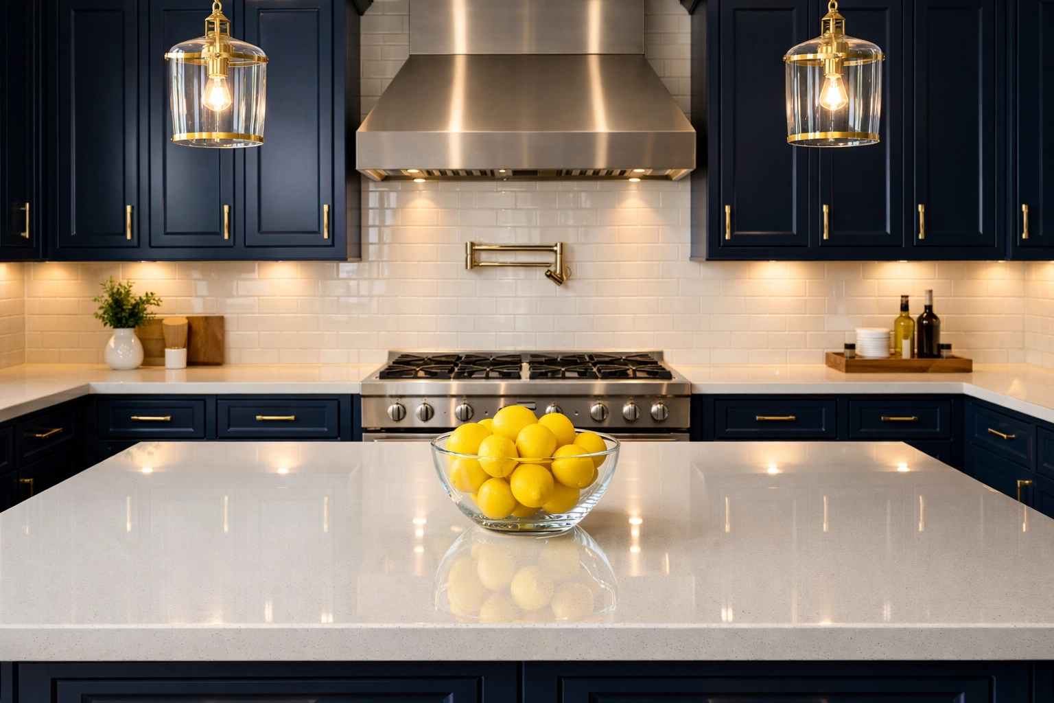 Immaculate luxury kitchen with sparkling quartz countertops from eco-friendly cleaning services.