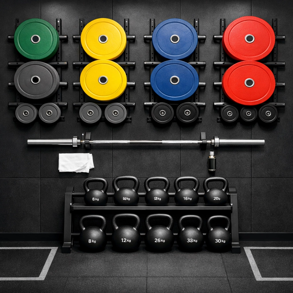Well-organized home gym equipment storage with barbell, bumper plates, and kettlebells on racks