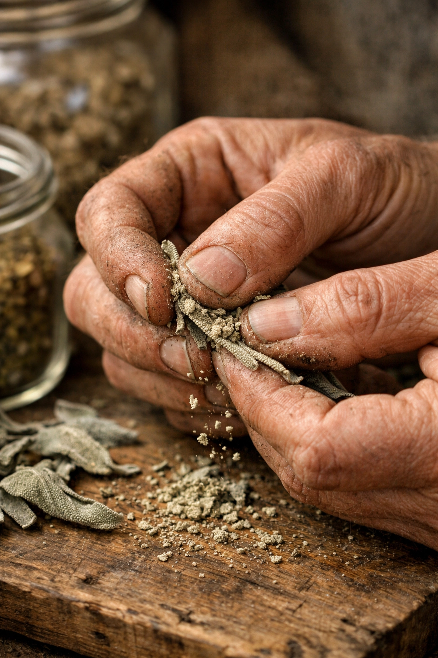 Hands testing dried sage herb with crumble test to check for proper drying readiness