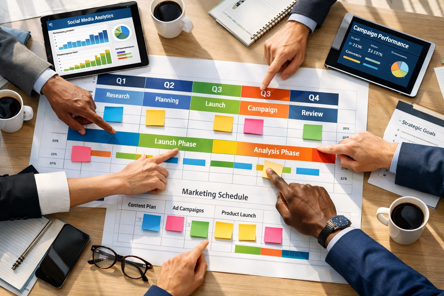 Corporate executives planning Super Bowl brand visibility strategy with marketing analytics