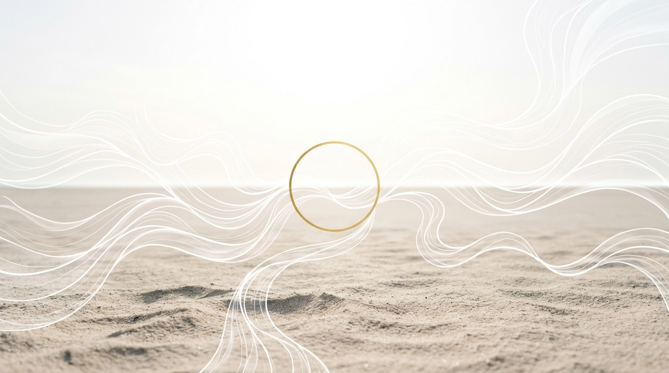 An abstract horizontal landscape with a minimalist gold circle and flowing energy lines.