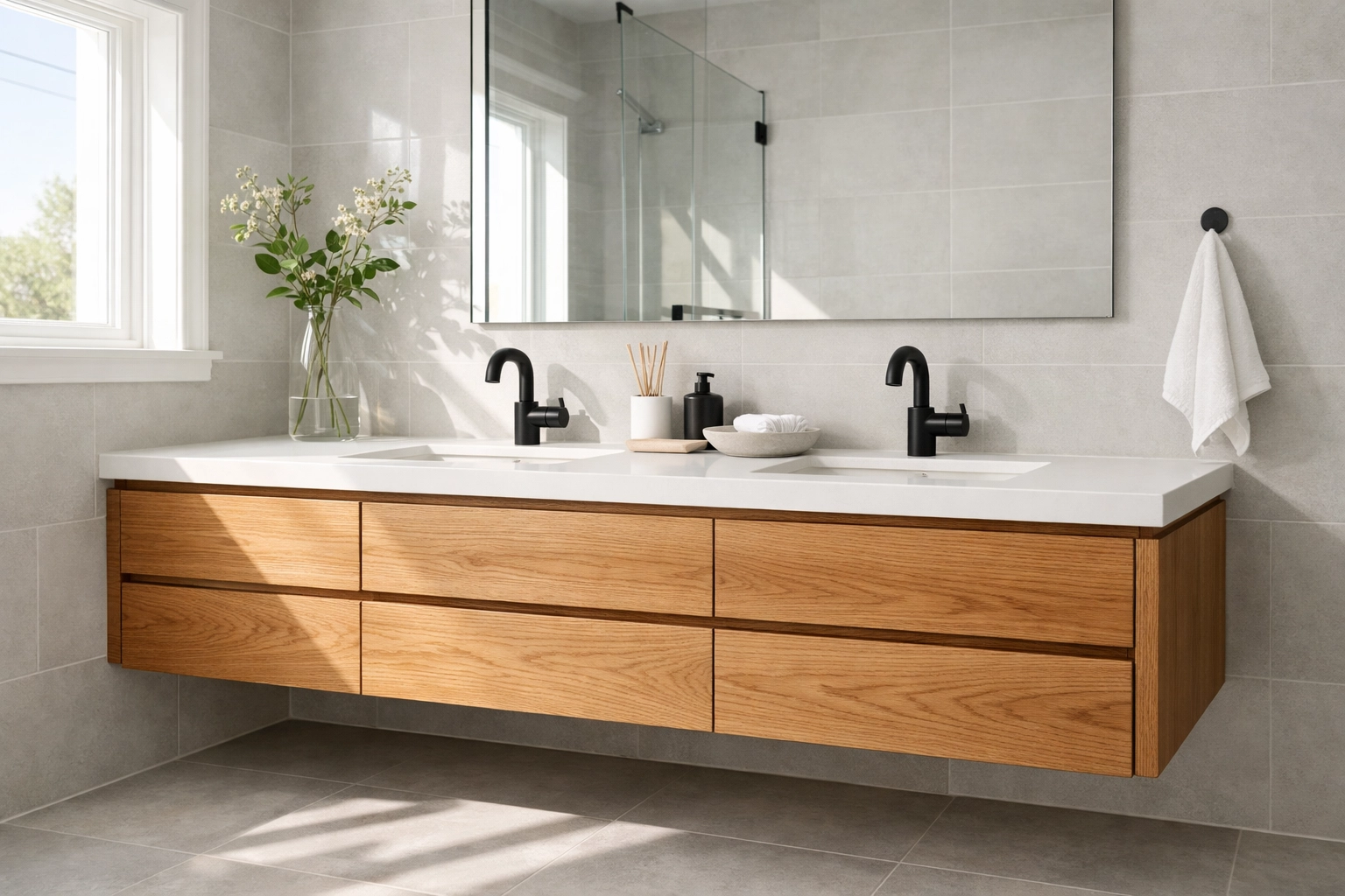 Modern rift-sawn oak custom bathroom vanity with white quartz countertop for a Minnesota renovation.