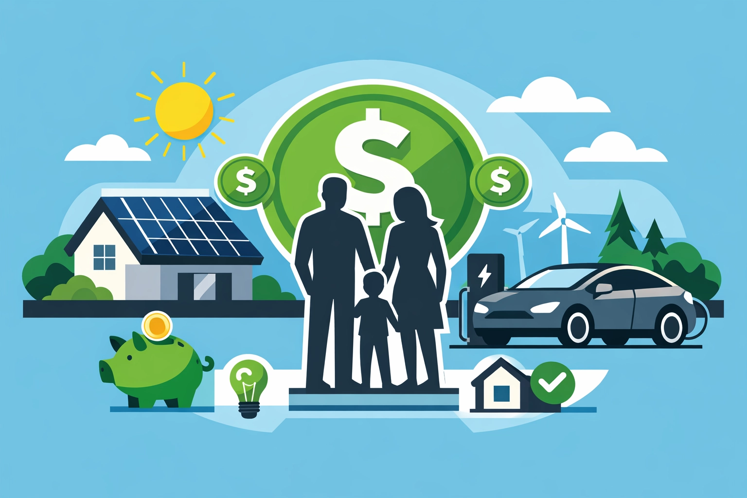 Family with solar panels and EV symbolizing credits used to maximize tax refund for New Haven filers.