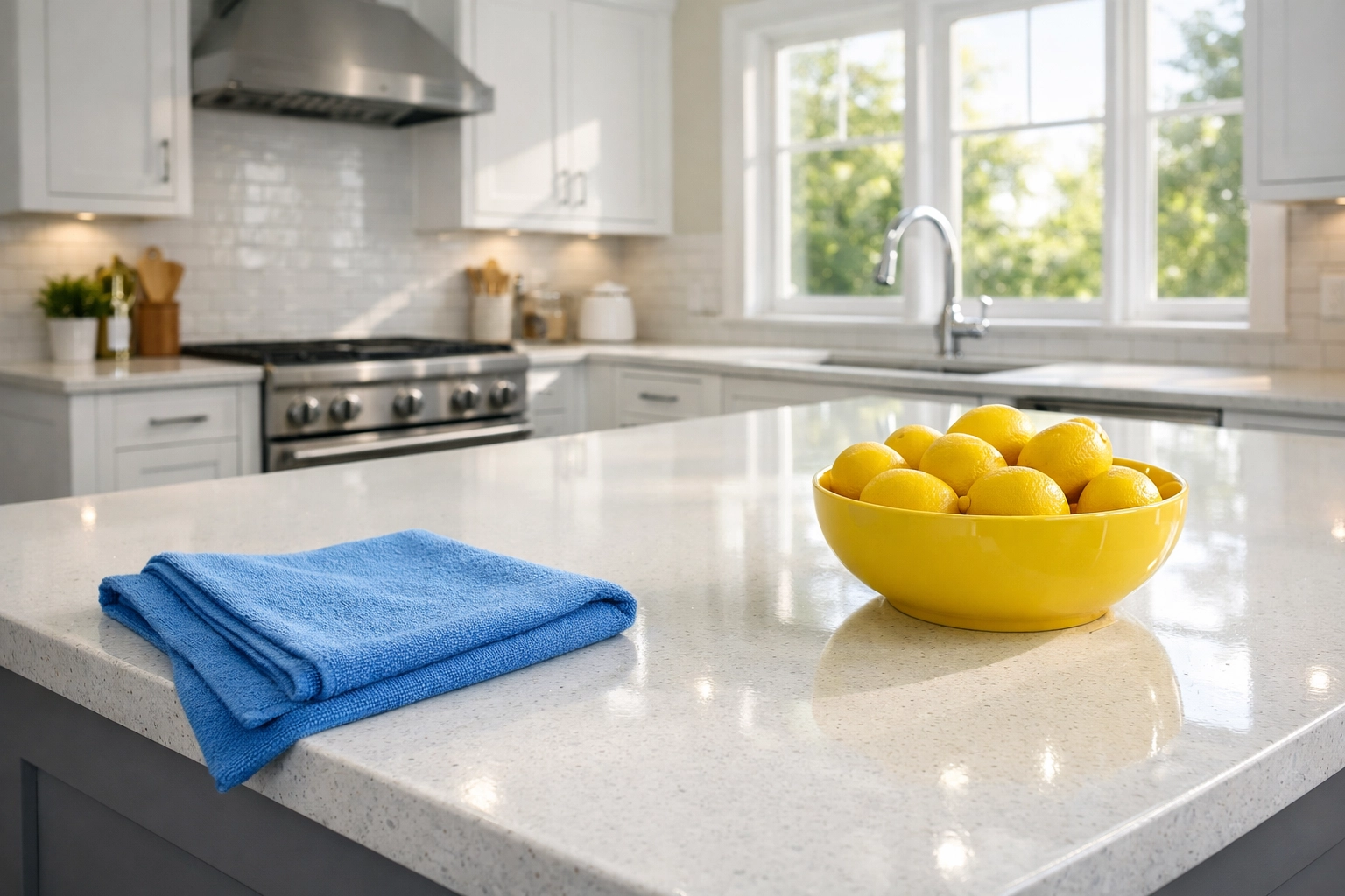 Professional post construction cleaning in Walpole showcasing a spotless modern kitchen island and counter.