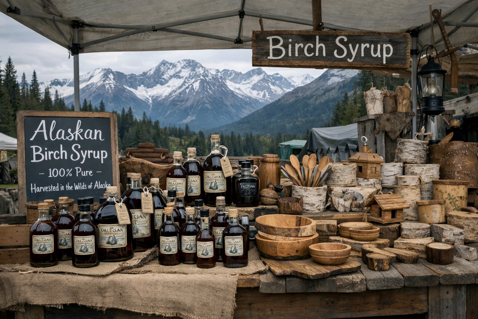 Alaska farmers market booth selling handmade products and birch syrup with mountain backdrop