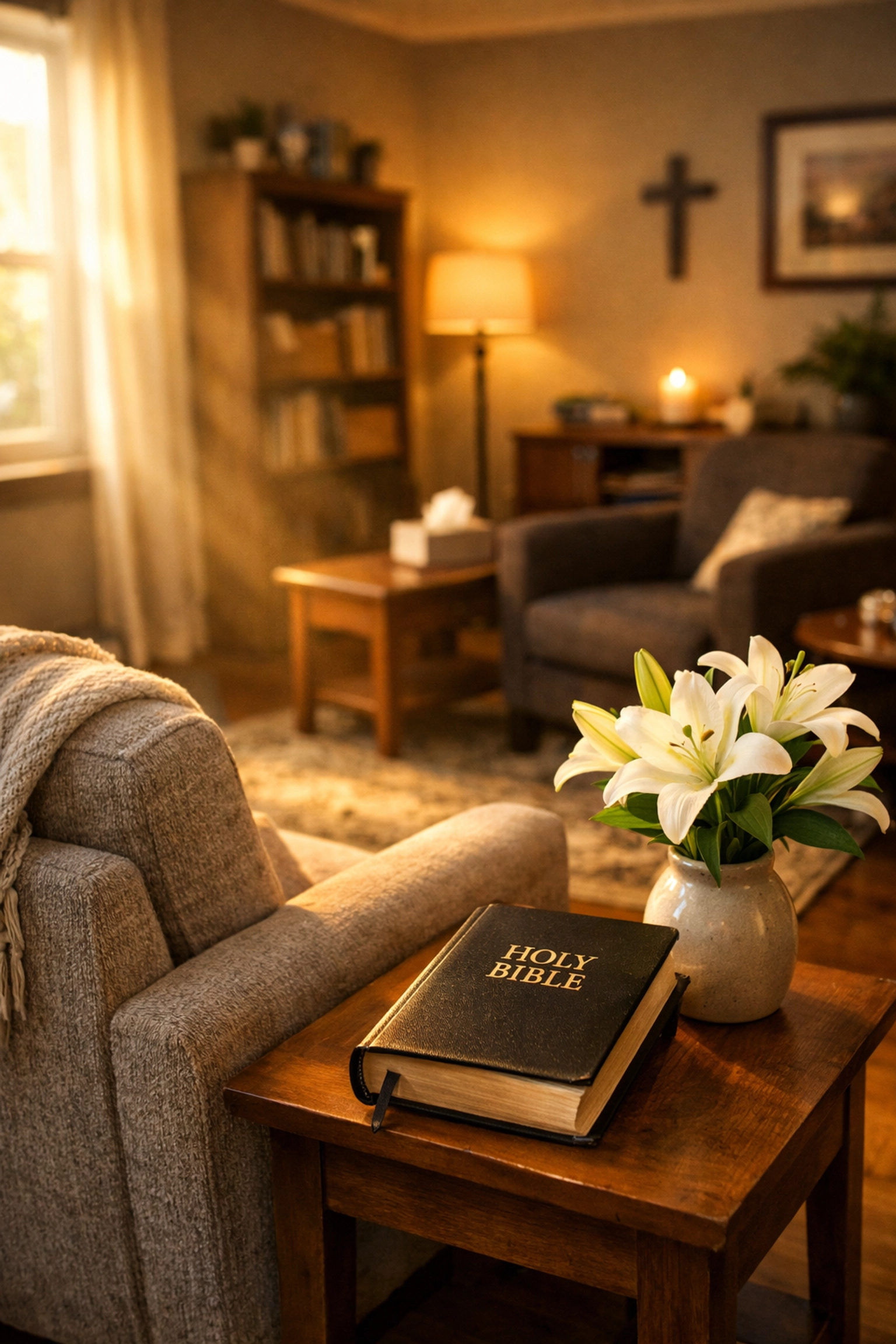 A peaceful Christian counseling room with a Bible, illustrating the harmony of faith and therapy.