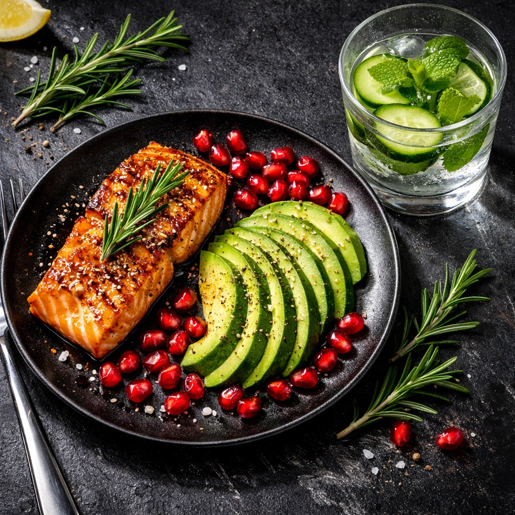 Healthy brain food meal with salmon and avocado illustrating food-as-medicine principles for permanent weight loss.