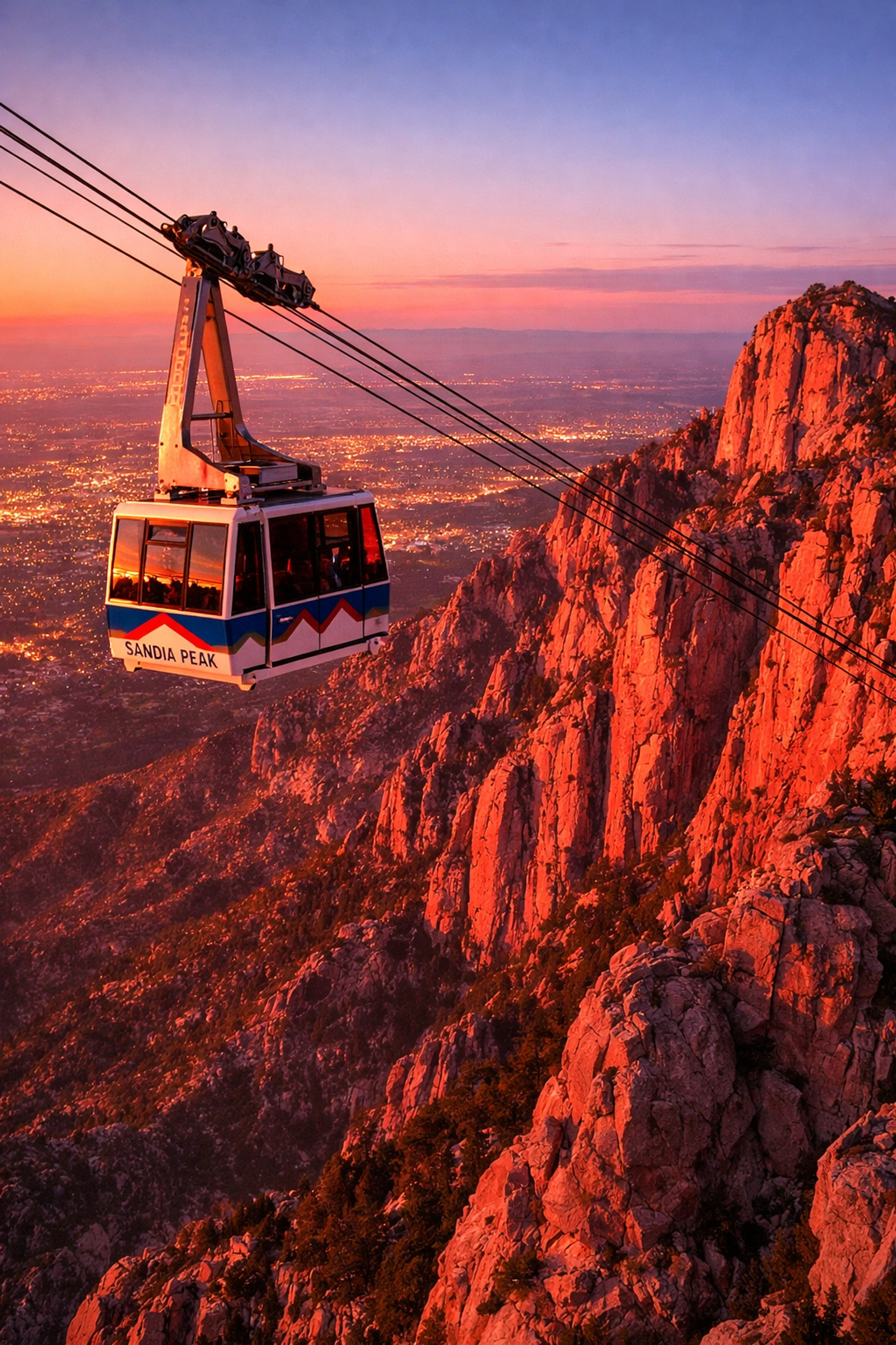 Sandia Peak Tramway at sunset showing the golden hour glow over Albuquerque.
