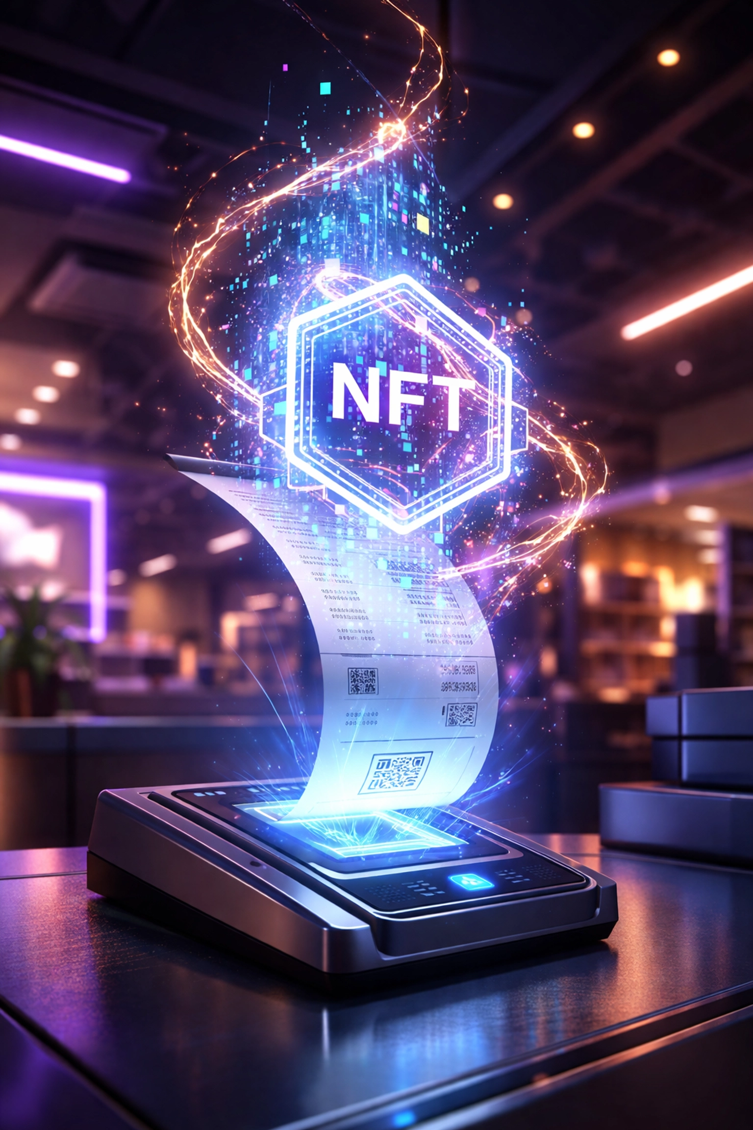 Digital receipt transforming into a holographic NFT token at a retail counter, highlighting innovative crypto payment technology