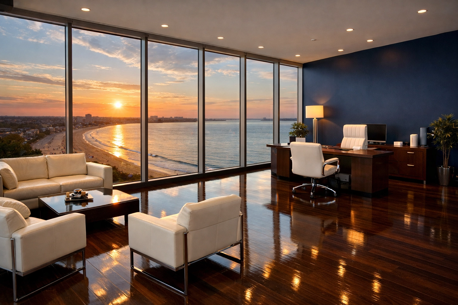 Clean Revere office interior with sand-free polished floors and a waterfront ocean view.