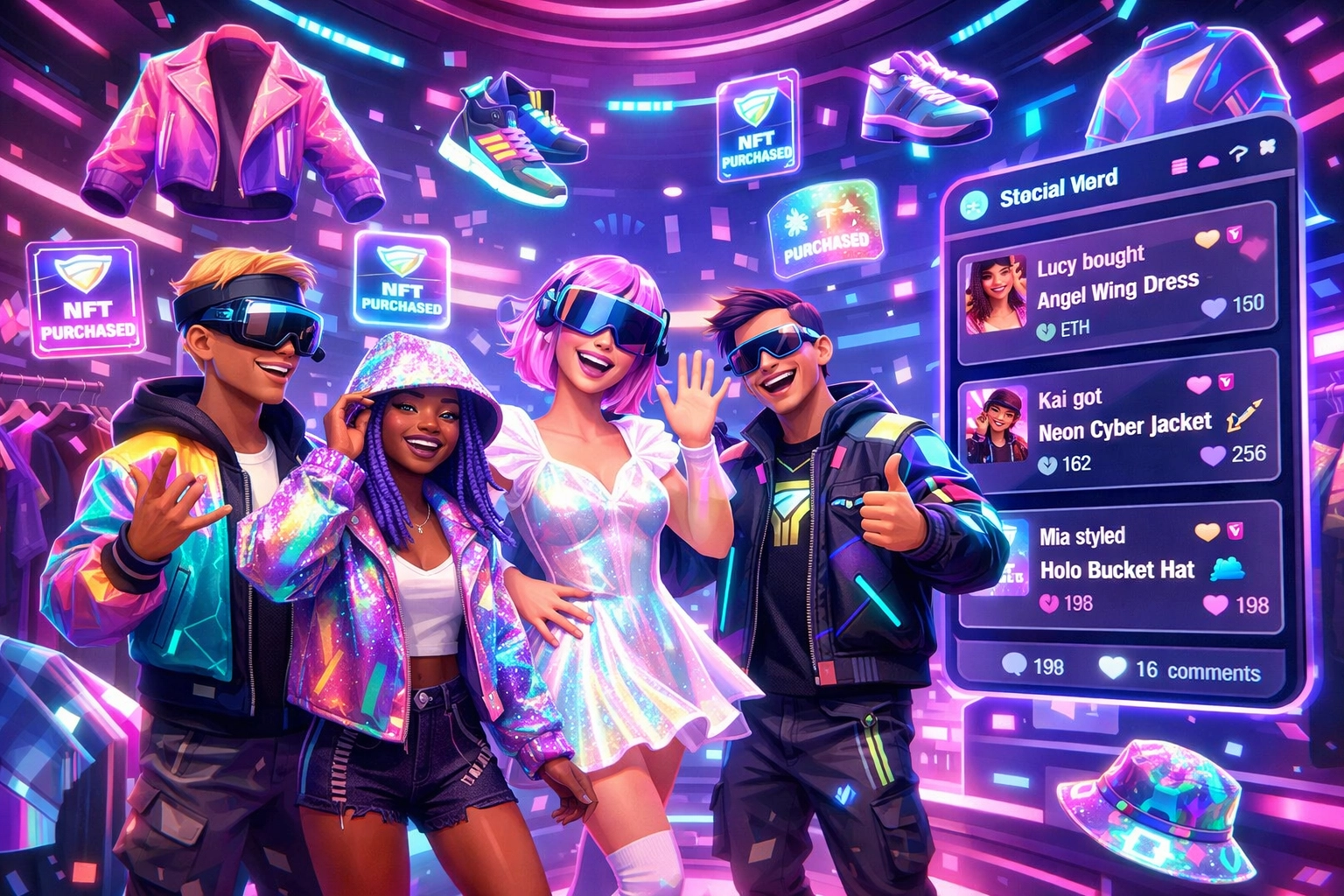 Social VR shopping experience with avatars trying digital fashion and sharing NFT purchase receipts