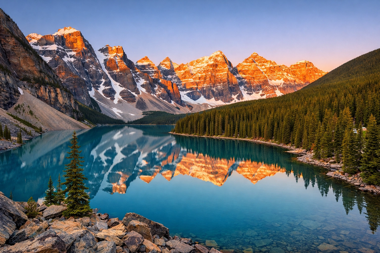 Stunning sunrise at Moraine Lake, one of the best travel photography spots in the Canadian Rockies.