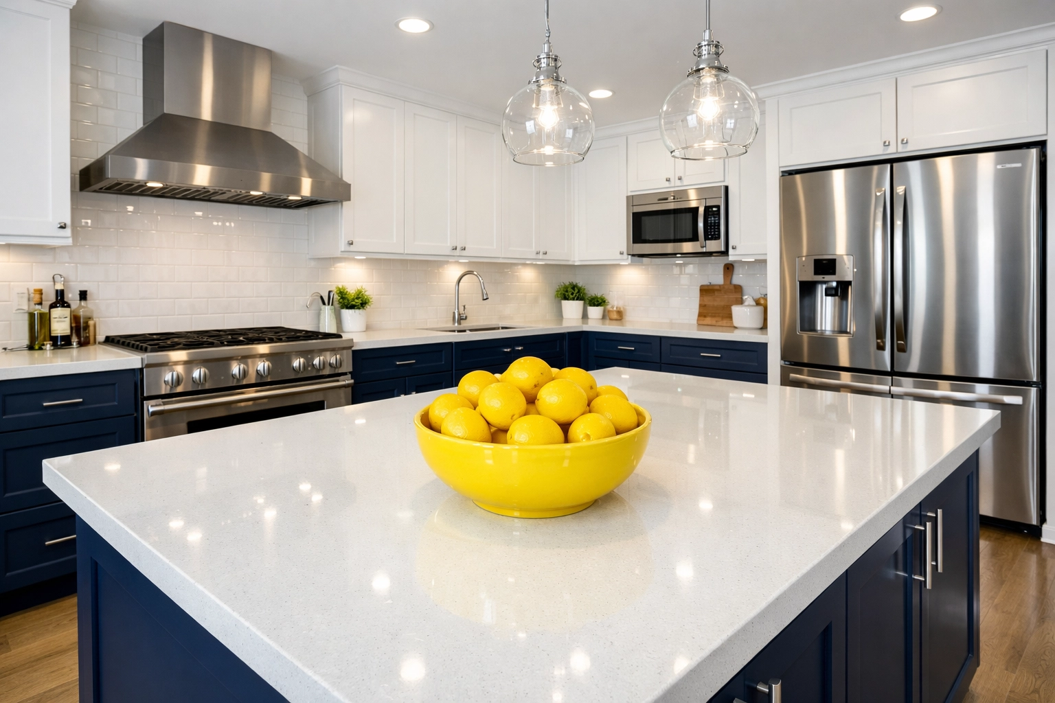 Deep cleaning results in a modern Milford kitchen with sparkling white quartz countertops and navy cabinets.