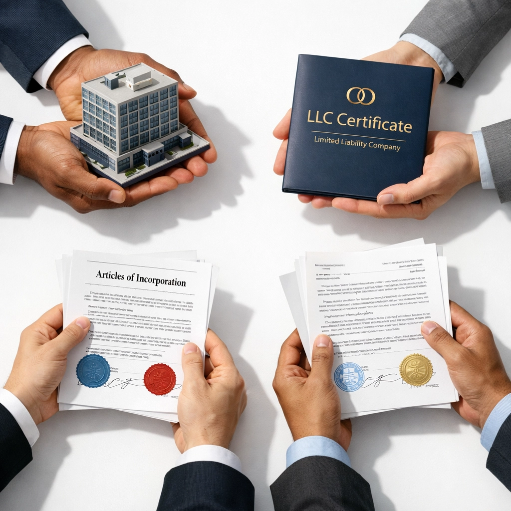 Business professionals reviewing LLC and corporation documents for CTA compliance
