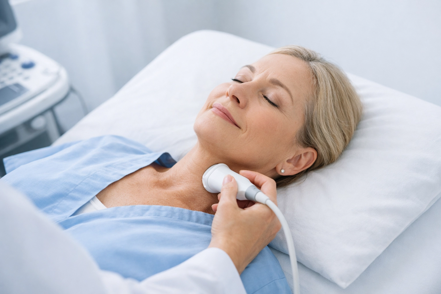Patient receiving comfortable carotid ultrasound scan from certified sonographer