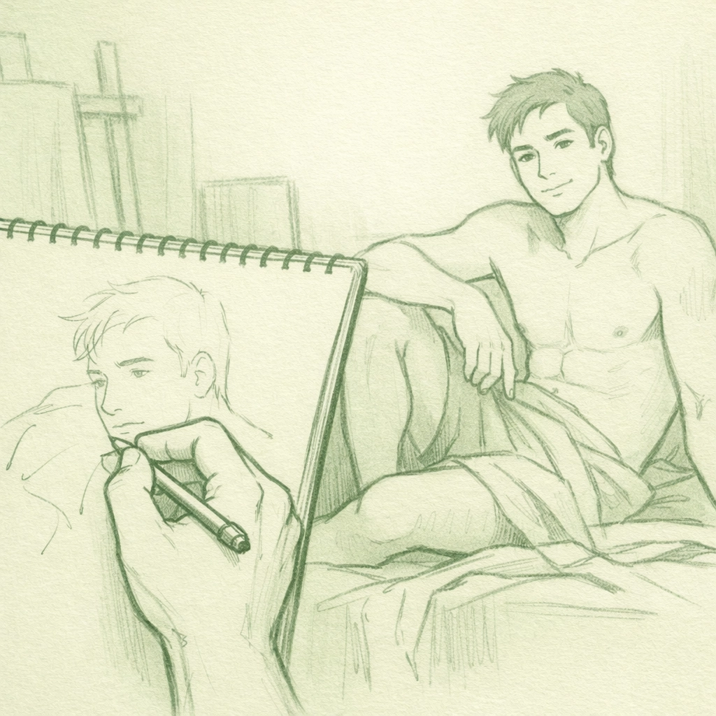 Artist sketching male model in intimate studio moment exploring vulnerability and connection