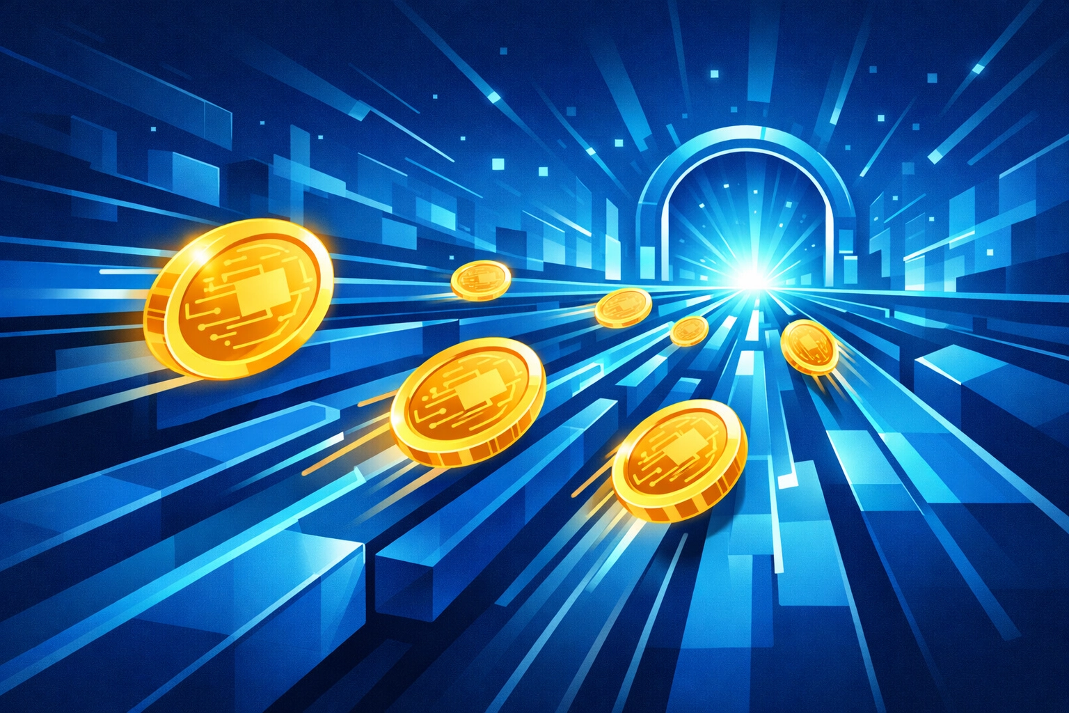 High-speed digital highway showing real-time settlement and on-chain payment rails.