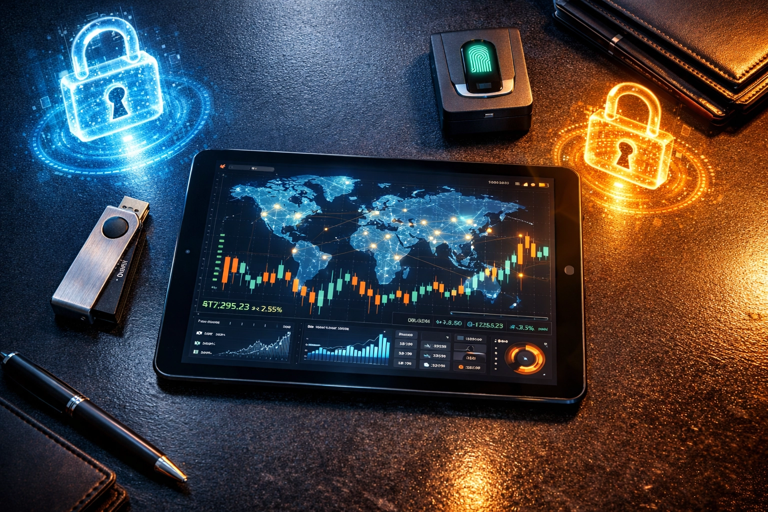 Enterprise crypto security dashboard with hardware wallet and biometric protection features