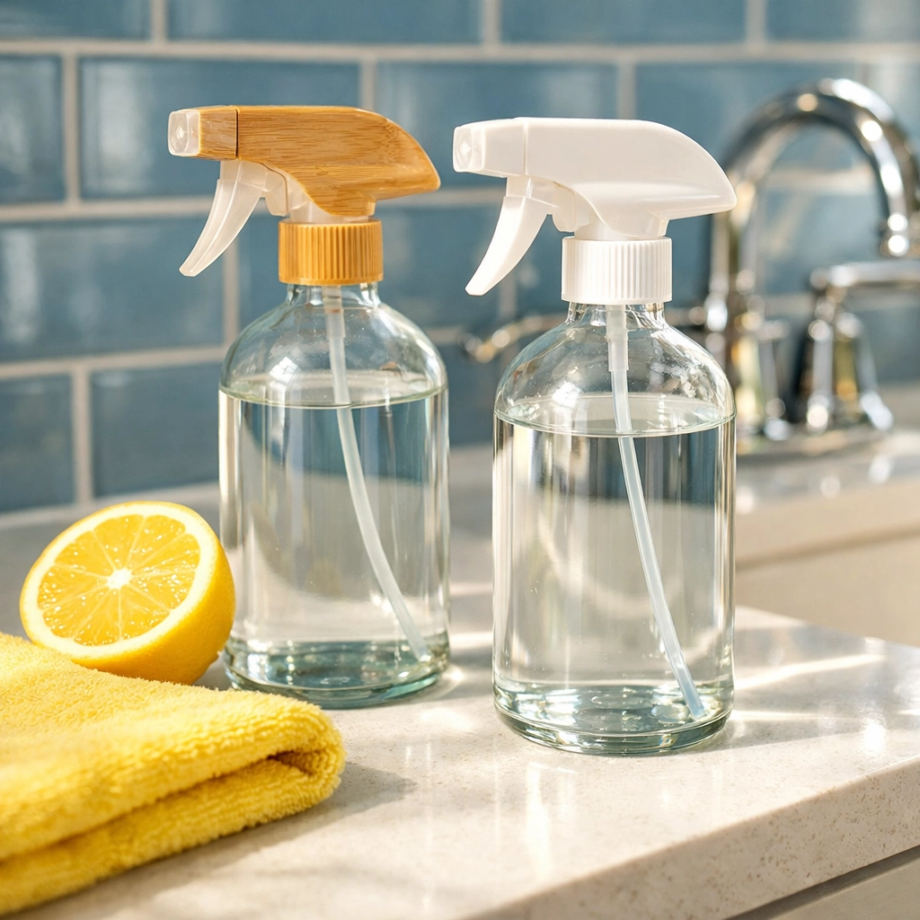 Eco-friendly cleaning supplies and microfiber towel on a modern bathroom vanity for green cleaning.