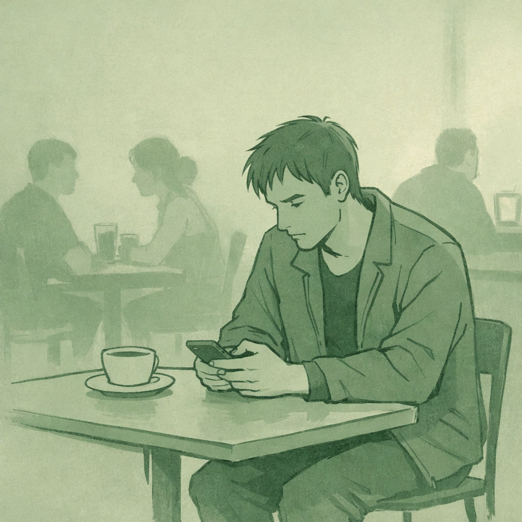 Gay man sitting alone in café experiencing invisibility and loneliness in LGBTQ+ dating scene