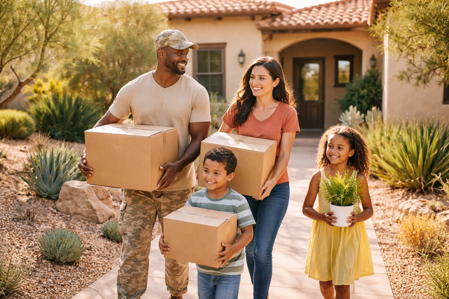 Military family arriving at their new Arizona home, symbolizing homeownership opportunities and support for military buyers.