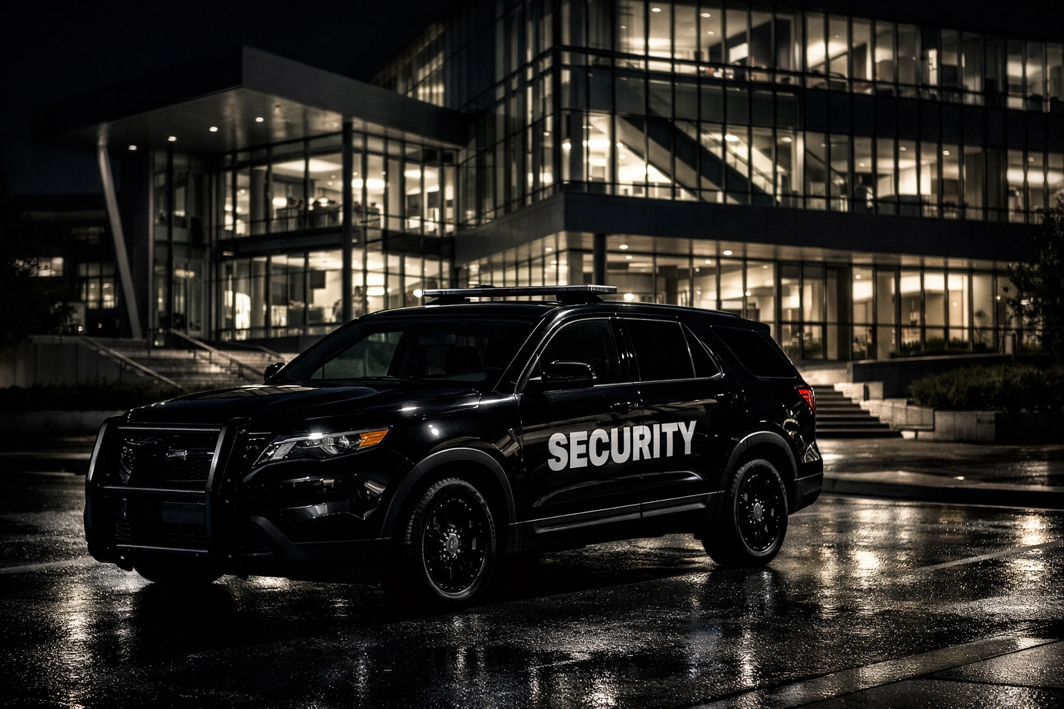 Alta Security Services patrol vehicle monitoring a university building at night for student safety.