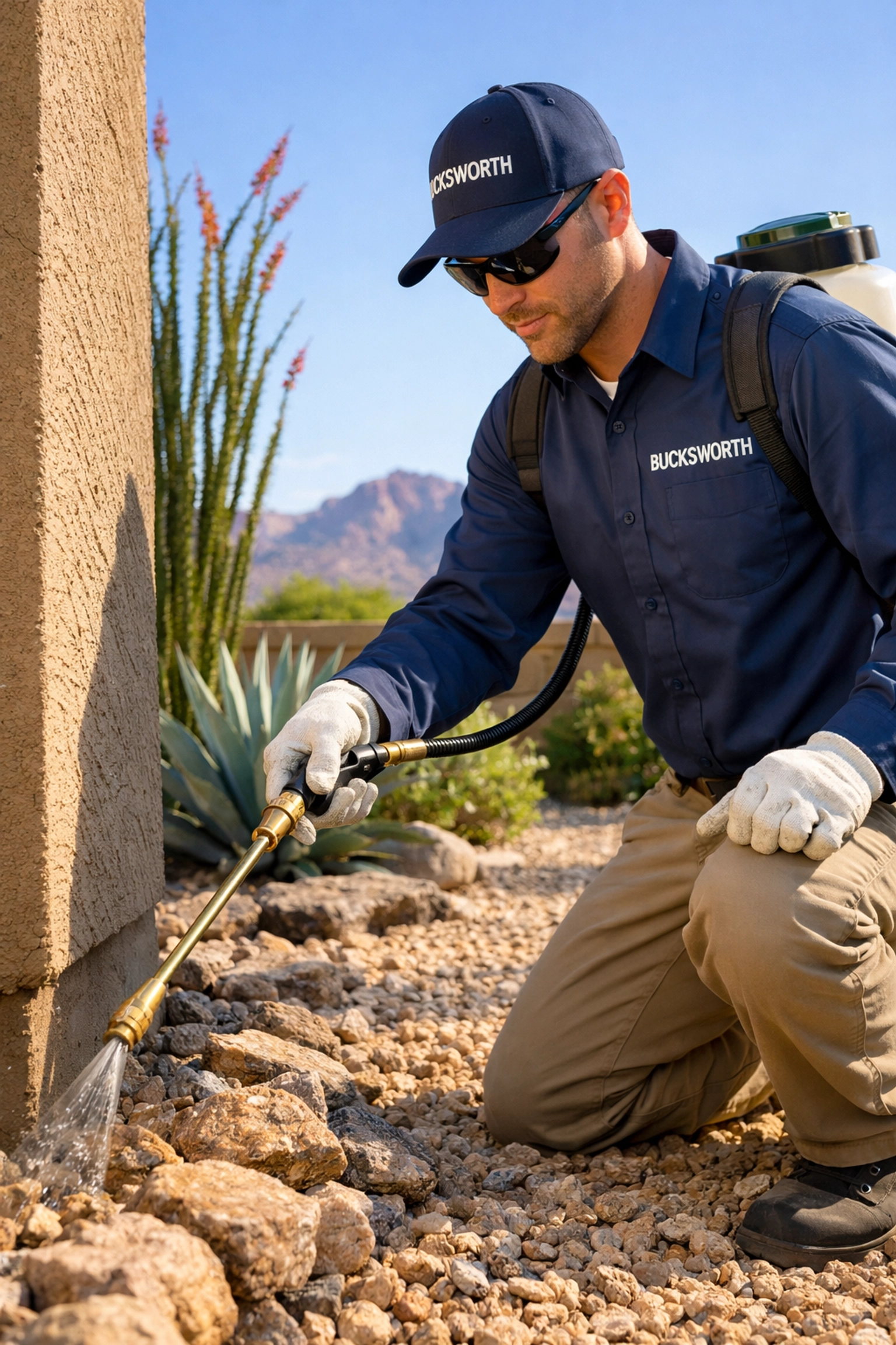 Bucksworth technician providing expert weed control in Queen Creek AZ for a maintenance-free desert yard.