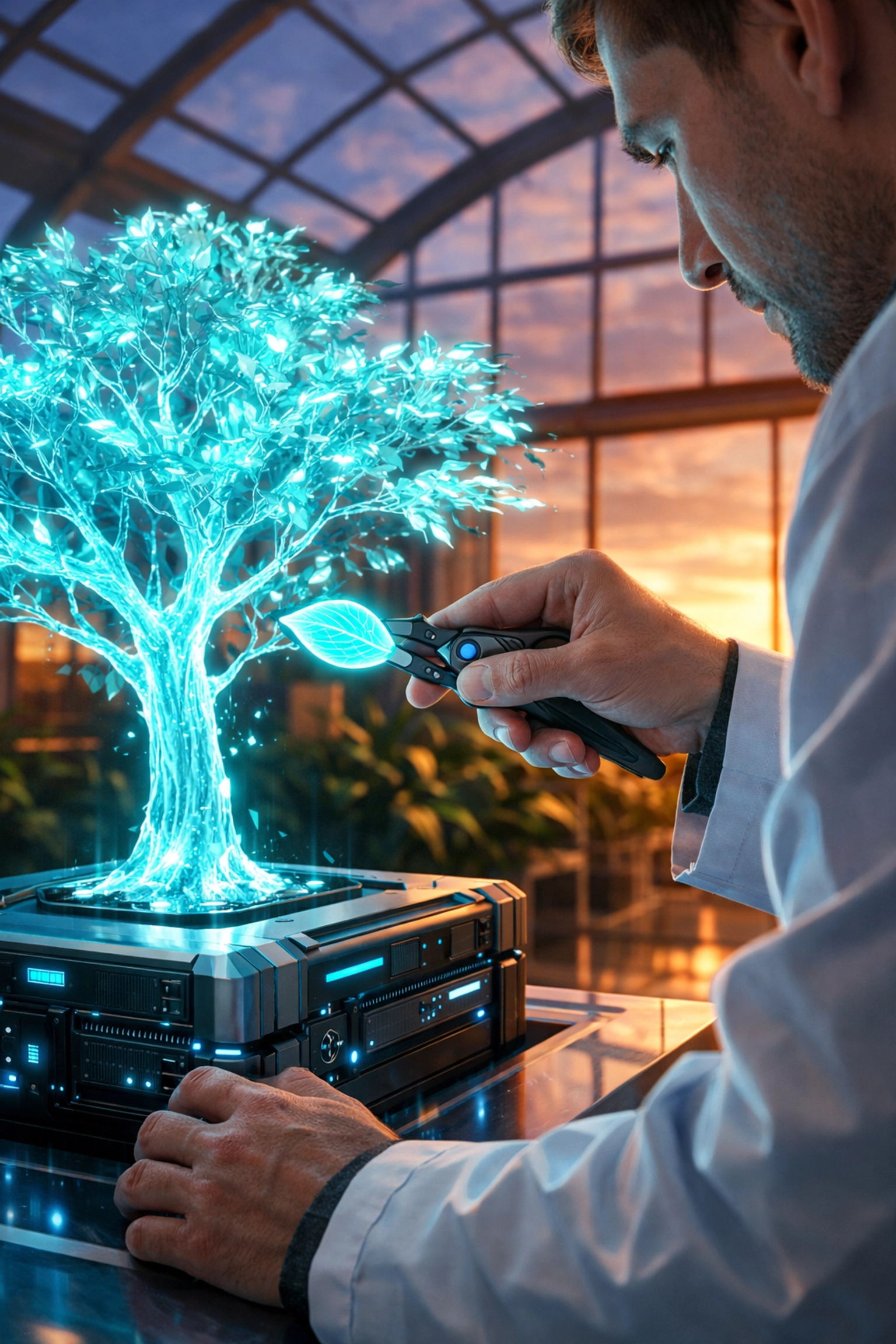 Human technician pruning a digital tree to illustrate continuous AI customer service maintenance.