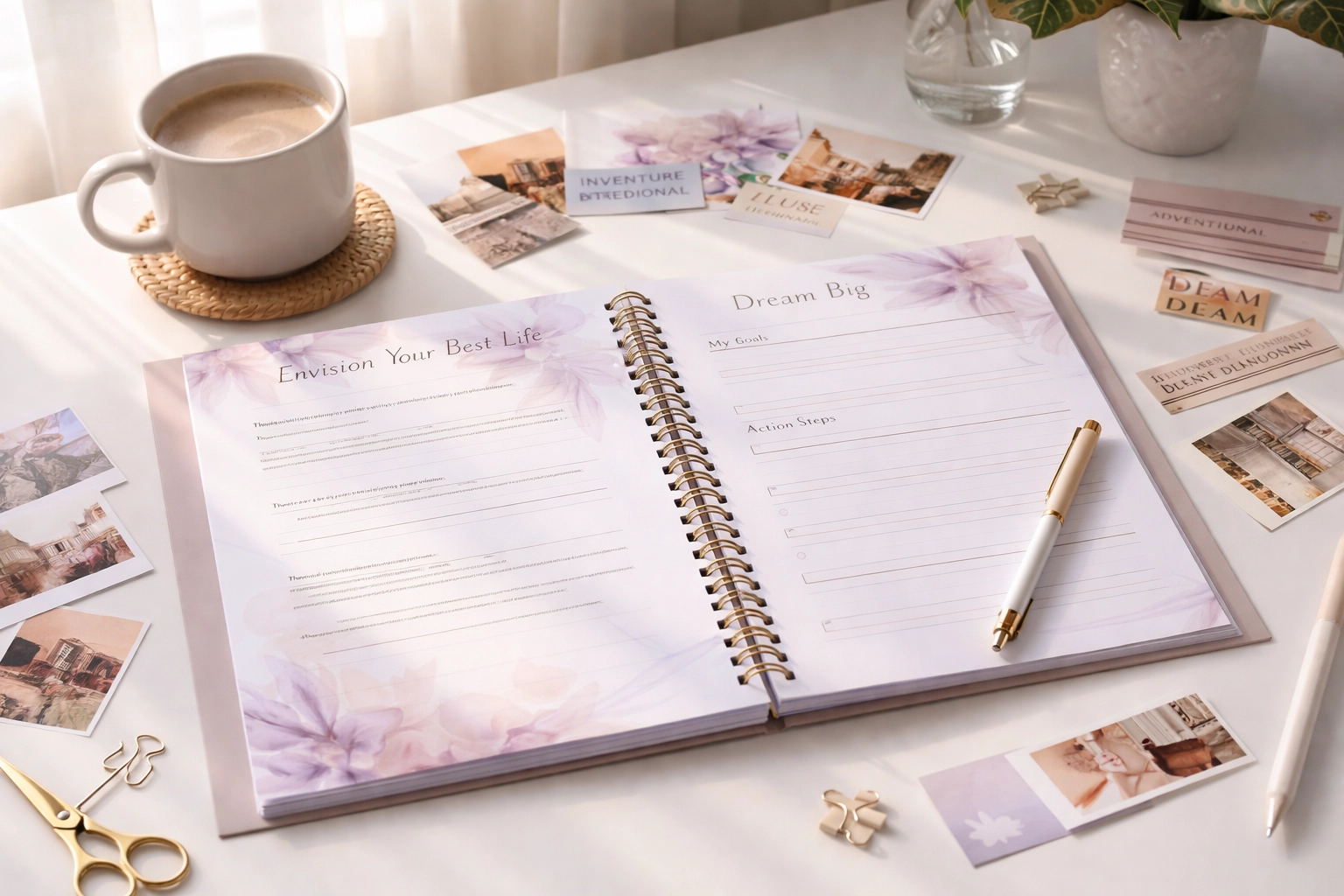 Planning with Purpose workbook open on desk with vision board materials for goal-setting session