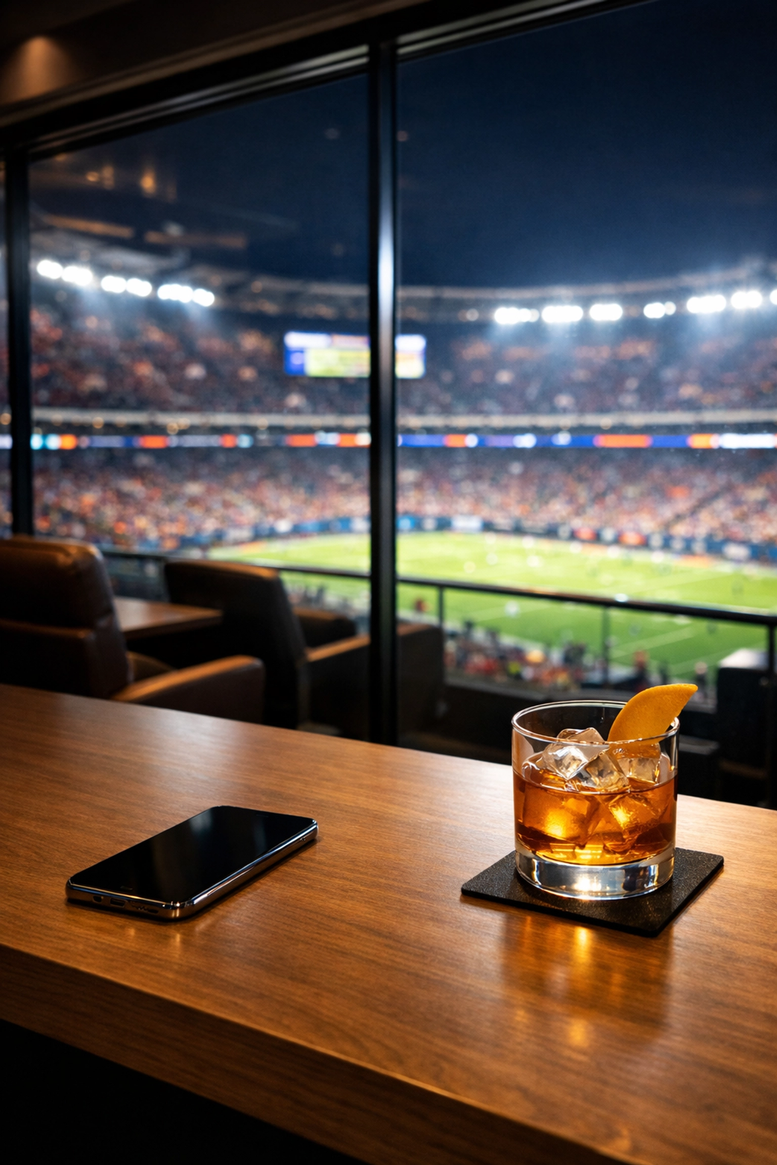 Modern luxury stadium suite interior overlooking the game, perfect for high-end corporate hospitality.