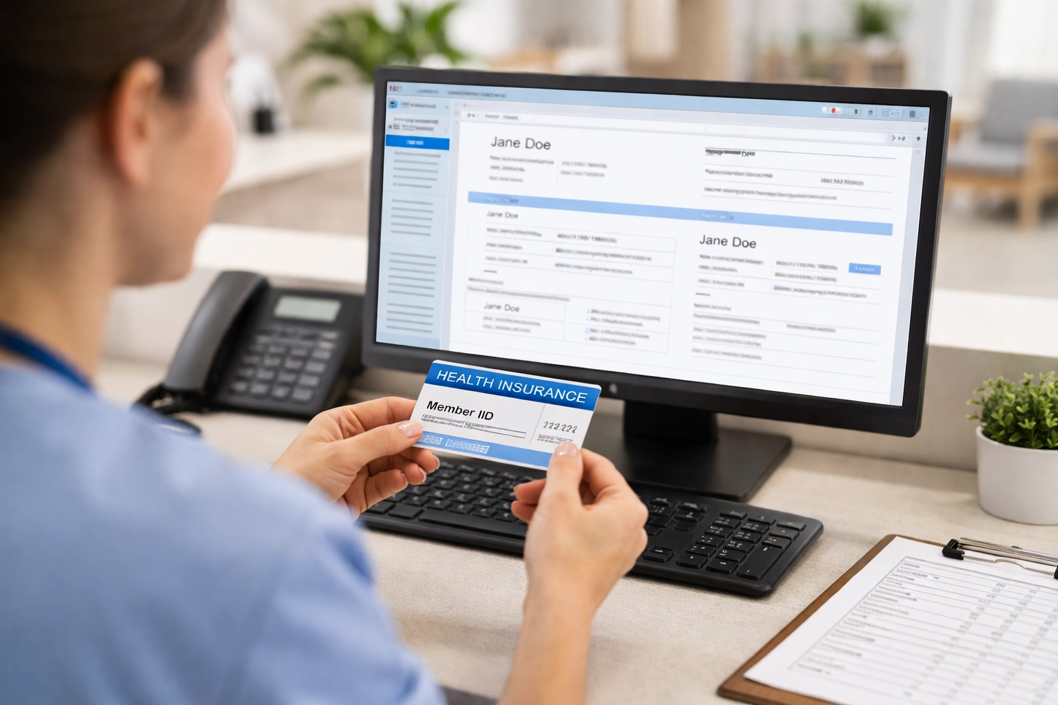 Receptionist verifying a patient