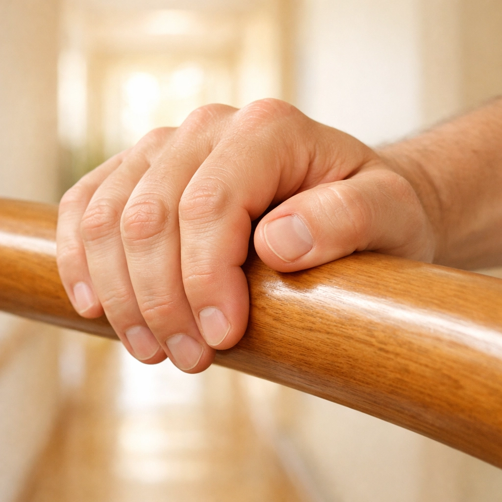 A hand securely gripping a round wooden handrail to demonstrate proper stair safety and balance.