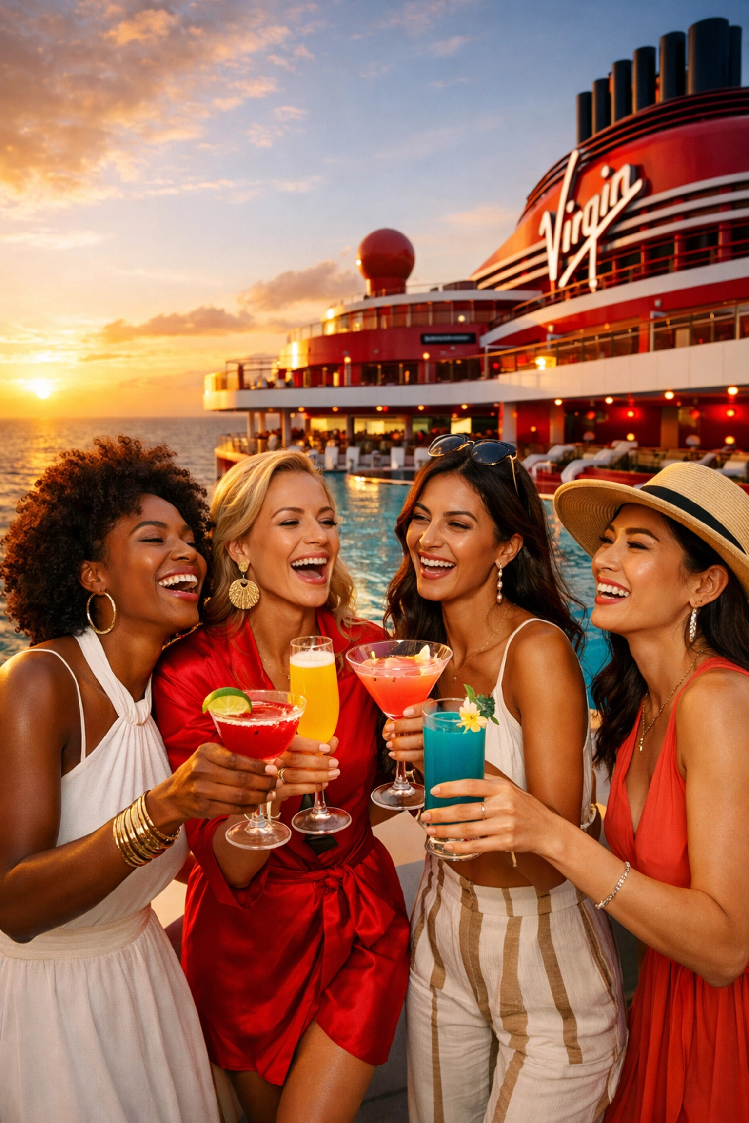 Friends celebrating a Virgin Voyages bachelorette party with cocktails on a cruise deck at sunset.