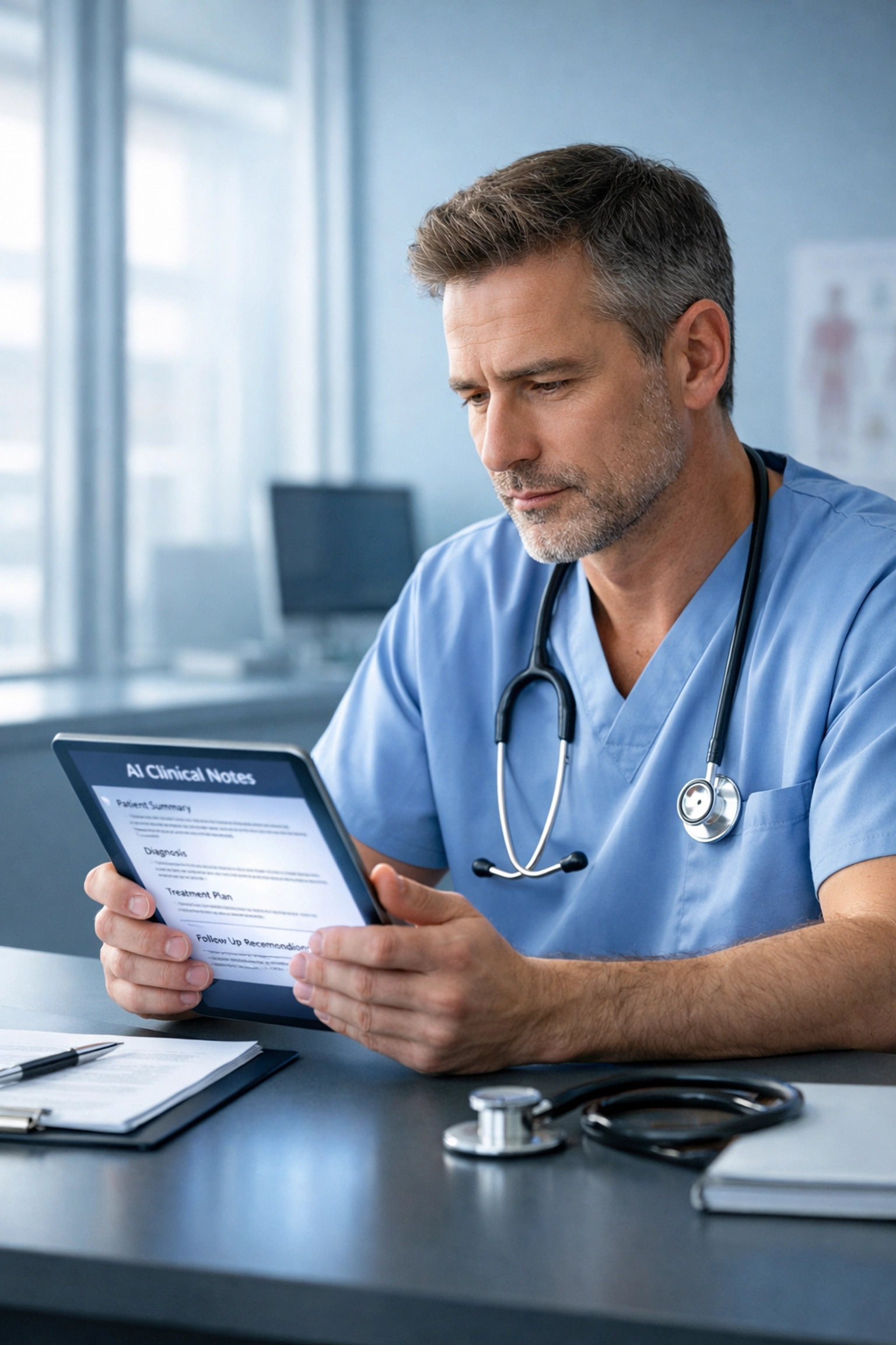 Healthcare professional reviewing AI clinical documentation on tablet in modern hospital office